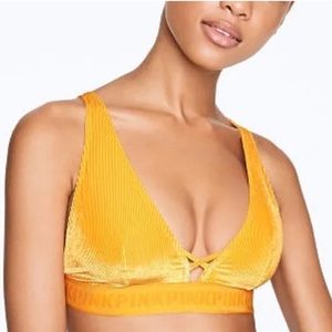 Victoria’s Secret PINK Logo Ribbed Velvet Plunge Unlined Bralette Bra Go…